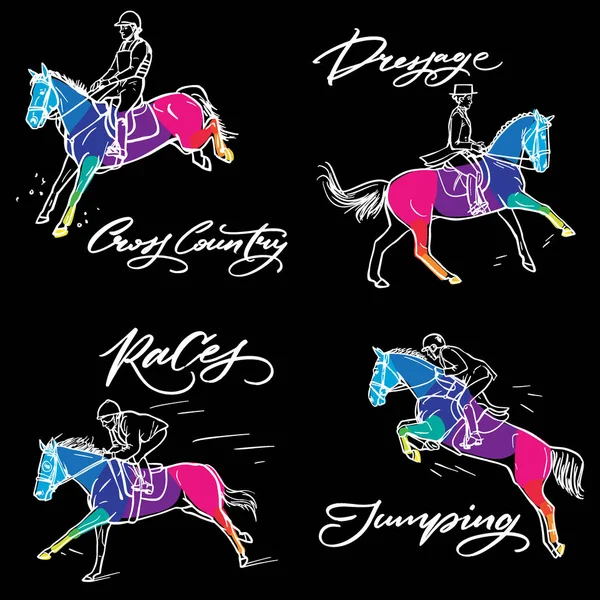Hand drawn colorful graphic: horse riding. Equestrian sport like races, dressage, jumping and cross country illustration for your design on black background — Stock Vector
