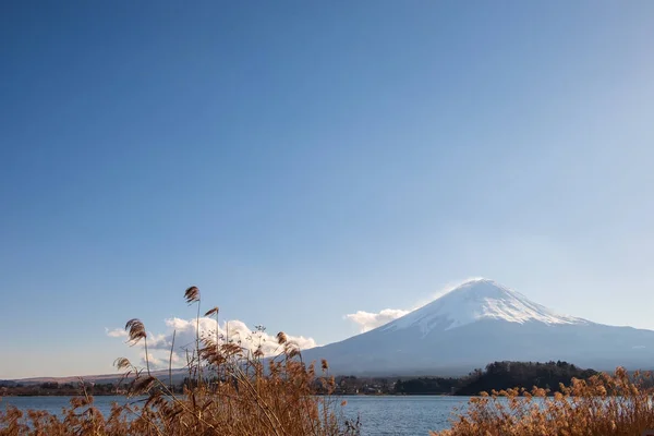 Mount Fuji with lake in the foreground in a clear day