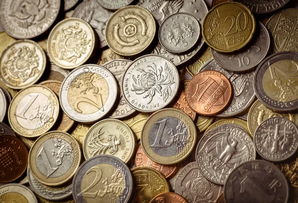 背景欧元硬币货币 英国镑硬币 美国硬币 硬币组 — 图库照片