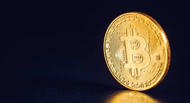 Bitcoin. Kripto para birimi altın Bitcoin, Btc, Bit sikke. Makro çekim Bitcoin izole üzerinde siyah arka plan Blockchain teknoloji paralar,