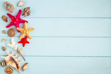 Deniz yıldızları ve kabukları ahşap arka plan üzerinde. Üstten görünüm seyahat veya tatil kavramı. Yaz arka plan