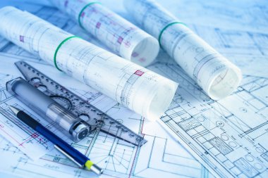 Mimari Proje bölümü. Mavi arka plan