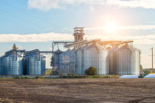 Silos agrícolas. Armazenamento e secagem de grãos, trigo, milho, s — Fotografia de Stock