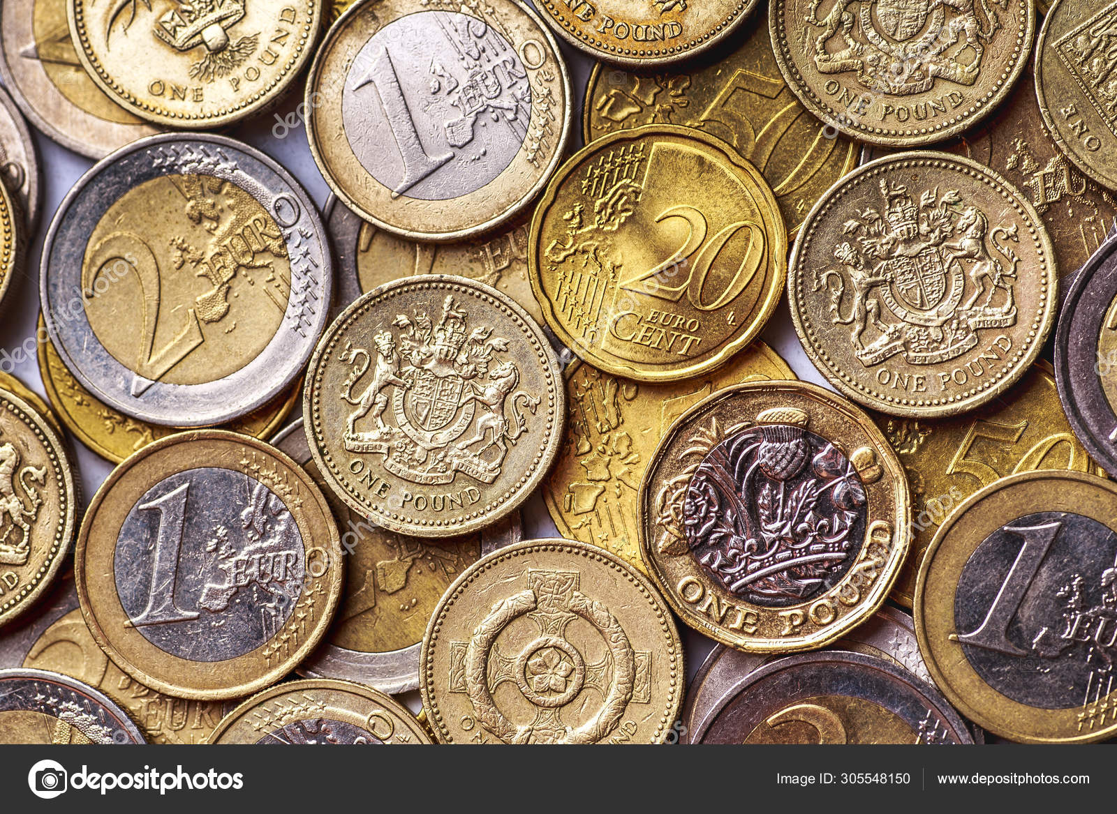 背景欧元硬币的钱。英国庞德硬币。我们的硬币——图库图片© bukhta79 #305548150