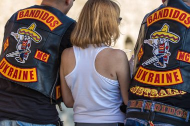 24 Ağustos 2019, Kiev, Ukrayna:Mc Bandidos Fun bisikletçi sohbet bir bi