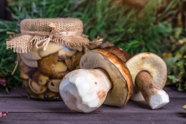 Mantar Boletus ahşap hasır sepetiçinde. Wo üzerinde Boletus edulis