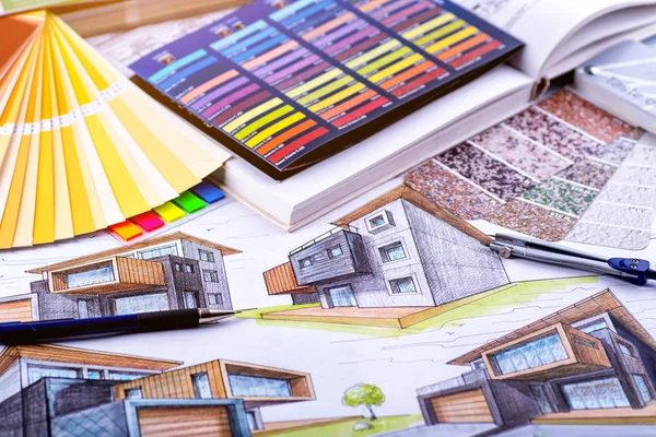 Tavolo da lavoro dell'interior designer, un progetto architettonico della — Foto Stock