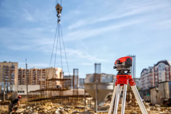 Surveyor equipment GPS system or theodolite outdoors at highway Royalty Free Stock Images