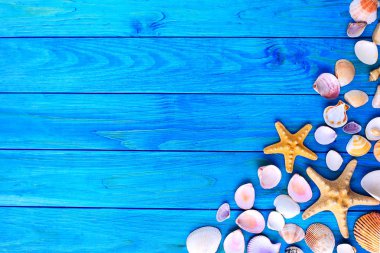 Yaz zamanı konsepti. Güzel deniz yıldızlarıyla bezenmiş düz bir kompozisyon.