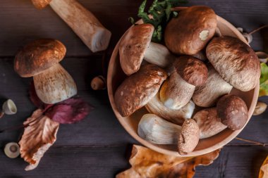 Ahşap Arka Plan üzerinde Mantar. Ahşap üzerinde Sonbahar Cep Mantarlar. A