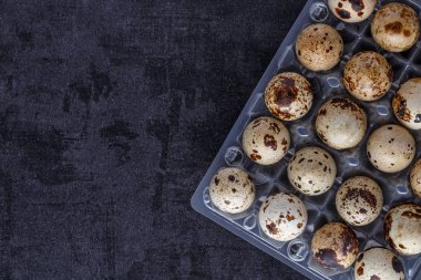 Şeffaf plastik paketlerde küçük karışık bıldırcın yumurtaları. Kaplıcayı aç.