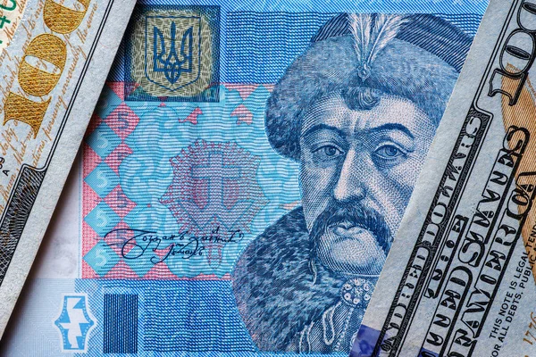 Ukraińskie Pieniądze Banknoty Hrywien Usa Dolary Finanse Ukrainie Hrywien Kursu — Zdjęcie stockowe