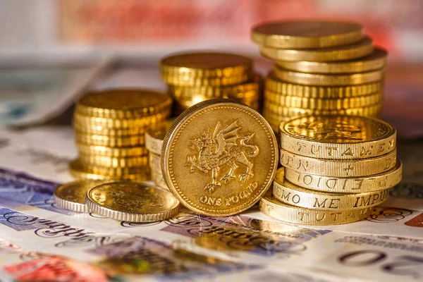 Brytyjski Funt Monety Tle Brytyjskiego Asortymentu Banknotów Koncepcja Biznesowa — Zdjęcie stockowe
