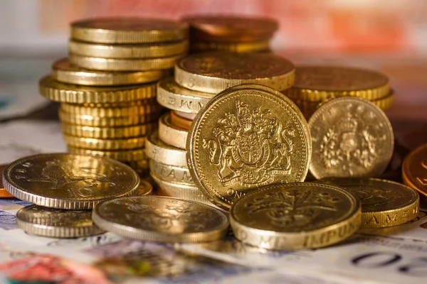 Brytyjski Funt Monety Tle Brytyjskiego Asortymentu Banknotów Koncepcja Biznesowa — Zdjęcie stockowe