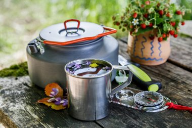 Bir Sonbahar Huzurlu Eğlencesinin Kavramsal Fotoğrafı. Turist kampında kupalı bir çaydanlık. Tatil kampında çay hazırlamak. Kampanyadaki lezzetli bitki çayı. Turist aletleri.