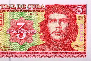 3 Küba Pezosu 2005 ve Ernesto Che Guevara 'nın portresi. Ters tarafta ise şeker kamışı kesen bir çiftçinin portresi. Tasarım amaçlı banknot..