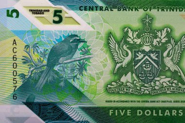 Trinidad ve Tobago 5 Dolar Polimer Banknote 2020. Bonistik.Tasarım amacı için küçük banknot. Dünya para koleksiyonu. 
