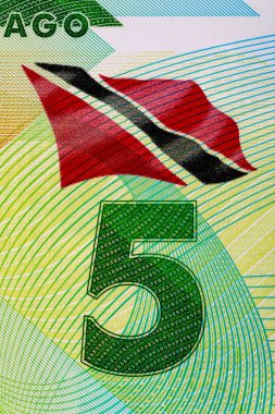 Trinidad ve Tobago 5 Dolar Polimer Banknote 2020. Bonistik.Tasarım amacı için küçük banknot. Dünya para koleksiyonu. 