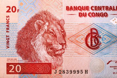 Kongo 20 Frank 1997 Banknotes. Aslan başı. Aslan iki yavruyla yatıyor. Dünya para koleksiyonu..  