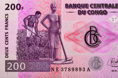 Kongo 200 Frank 1997 Banknotes. Erkek saha çalışanı. Alegorik kadın heykeli 