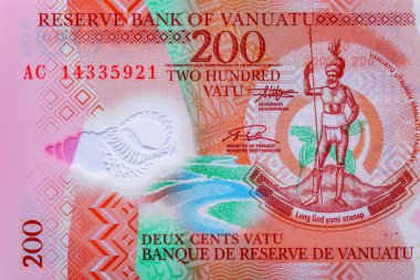 Vanuatu 200 Vatu 2014 Banknotes. Vanuatu Adaları. Diğer tarafta, yerel bir aile palmiye ağaçlı bir evin yanında oturuyor..
