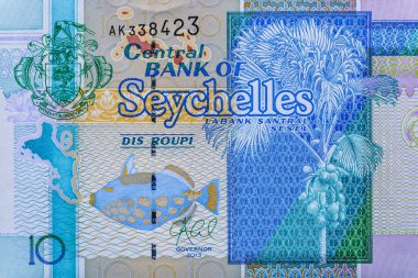 Seyşeller 10 rupi 2013.Coco-de-Mer palmiyesi, siyah benekli tetik balığı, Coco-de-Mer palmiye meyvesi; Fairy Terns; Hawksbill kaplumbağası), dünya para koleksiyonu..