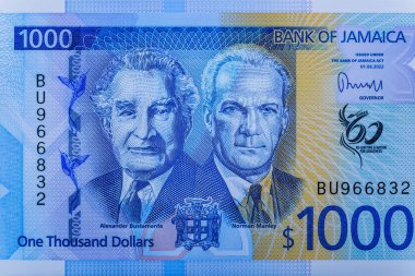 Jamaika 1000 Doları 2022 Alexander Bustamante ve Norman Manley. 60 Yıllık Bağımsızlığın Anma Sayısı. Kingston 'daki Jamaika Evi. Dünya para koleksiyonu. Bonistikler..