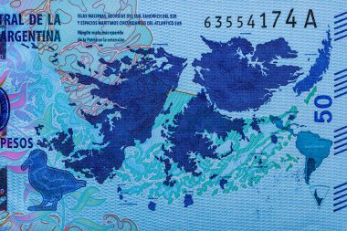 Arjantin 50 pesosu 2015. Malvinas Adaları (Falkland Adaları) ve Karayipler haritası. Dev yosun, albatros. Gaucho Antonio Rivero at sırtında Arjantin bayrağını tutuyor. Dünya para koleksiyonu..