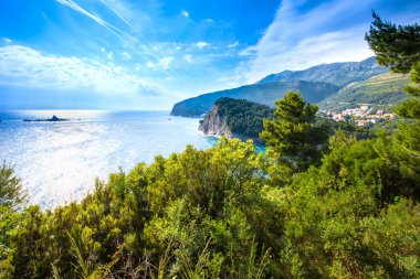 Deniz, orman, kayalar, dağlar. Harika bir manzara. Olağandışı aydınlatma. Karadağ.