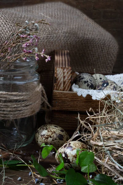 Jolie nature morte avec des œufs de caille. Œufs de caille dans le nid et sur t — Photo