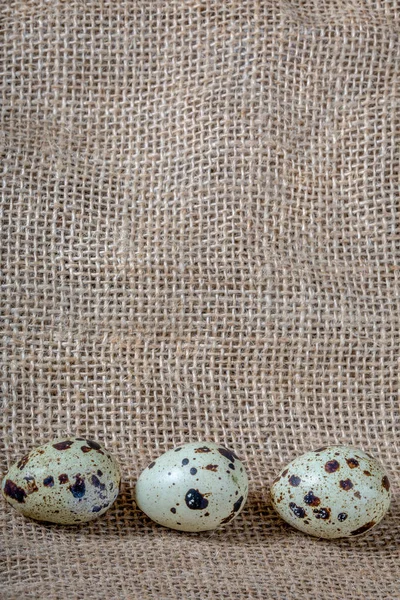 Tre uova di quaglia variegate sullo sfondo della iuta . — Foto Stock