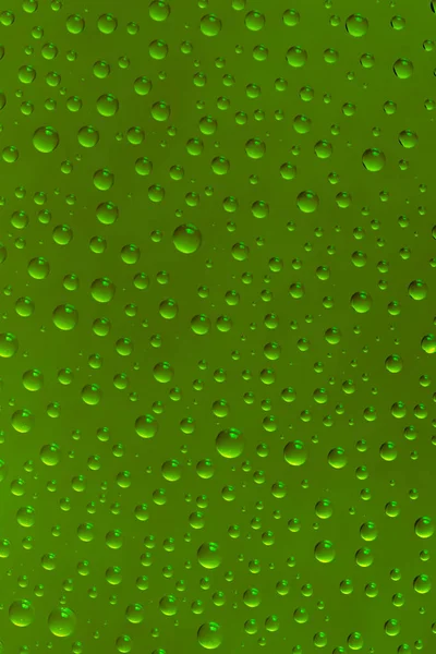 Hermosas gotas de agua de la forma correcta en una espalda verde brillante — Foto de Stock