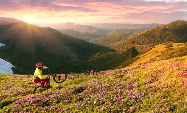 Viaje Primavera Los Cárpatos Entre Flores Alpinas Con Una Bicicleta — Foto de Stock