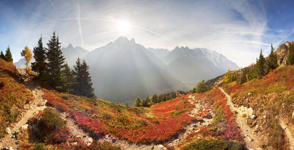 Mont Blanc Chamonix Jesień Malowniczych Łąk Highland Krzewy Fantastycznie Piękne — Zdjęcie stockowe