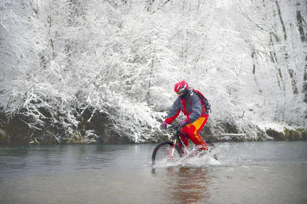 Bir Bisiklet Karlı Tespitetmeyi Bir Noel Tatili Ile Vahşi Ukraynalı — Stok fotoğraf