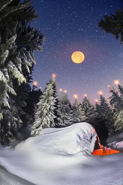 Förlorade Bergen Jägaren Snötäckta Shelter Grävdes Turister Tillbringade Natten Vandring — Stockfoto