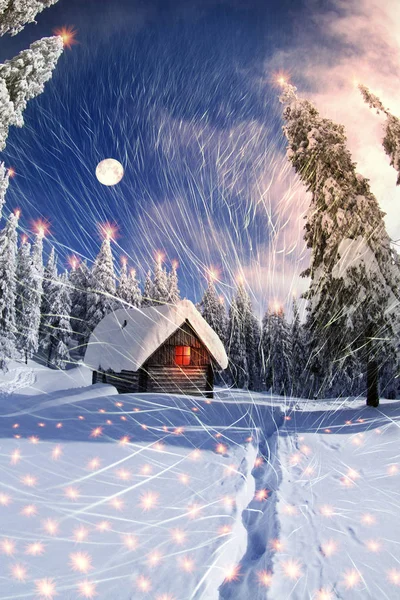 Snowy Eddies Night Walk Christmas House Wild Ukrainian Mountains Ukraine — Stock Photo, Image