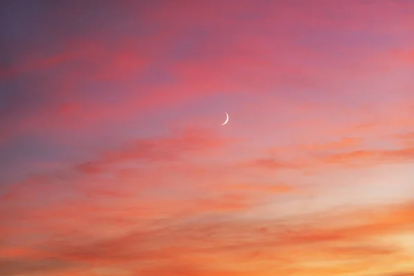 Sunset Sunrise Beautiful Red Clouds Same Time East Young Moon — Stock Photo, Image