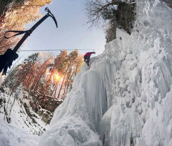 Training Athletes Frozen Famous Manyavsky Falls Manyava Ukraine Carpathians Going — Stock Photo, Image