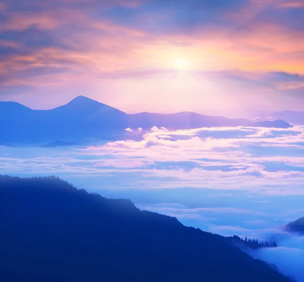 Nuages brumeux dans les montagnes au lever du soleil — Photo