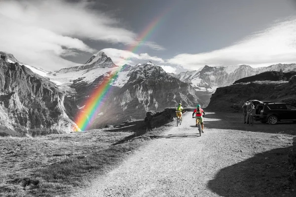 Traditional alpine mountain house in Chamonix for shepherds cows and sheep. All wooden, natural, attracts tourists, cyclists ride mountain bikes. Rainbow in black and white photography as a symbol.