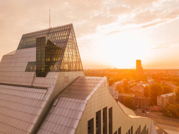 Gloednieuwe Letse Nationale Bibliotheek Bij Een Kleurrijke Zonsondergang Luchtfoto Van — Stockfoto