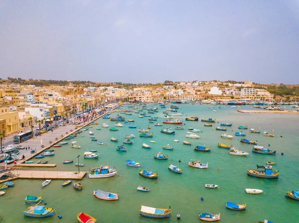 Traditional Eyed Colorful Boats Luzzu Harbor Mediterranean Fishing Village Marsaxlokk — Stock Photo, Image