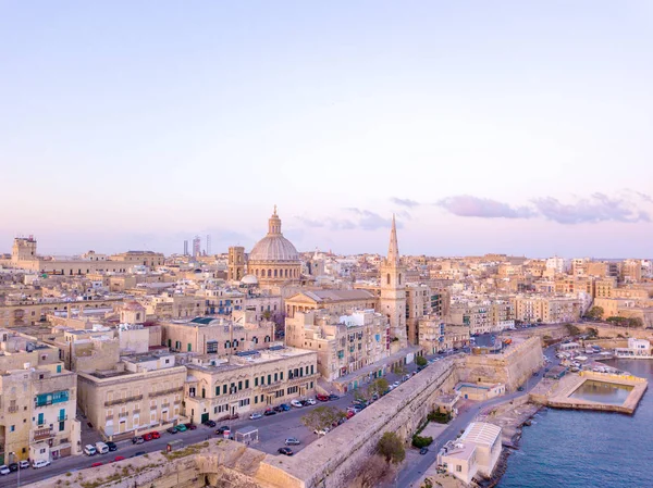 Wunderschöne Luftaufnahme Des Sonnenuntergangs Von Der Valletta Stadt Malta Schöne — Stockfoto