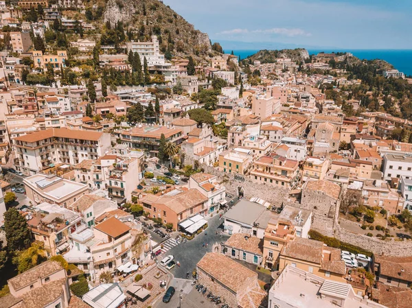 Vue Aérienne Duomo Dans Station Balnéaire Sicilienne Populaire Taormina Paysage — Photo