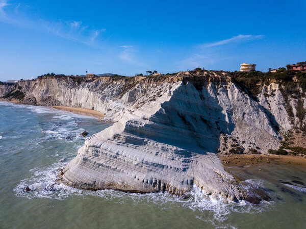 Aerial view Turkish Staircase on Sicily, Italy. Beautiful white cliffs by the sea in Italy.