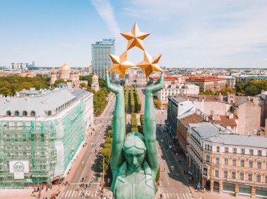 20 Mayıs 2018. Riga, Letonya. Anıtı Milda merkezi Riga Uluslararası Lattelecom maraton sırasında havadan görünümü.