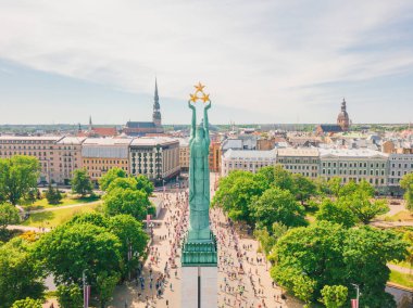 20 Mayıs 2018. Riga, Letonya. Anıtı Milda merkezi Riga Uluslararası Lattelecom maraton sırasında havadan görünümü.