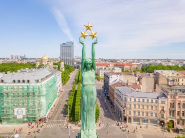 20 Mayıs 2018. Riga, Letonya. Anıtı Milda merkezi Riga Uluslararası Lattelecom maraton sırasında havadan görünümü.