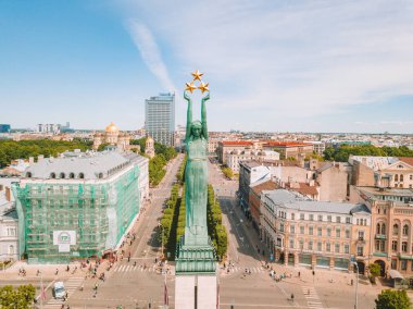 20 Mayıs 2018. Riga, Letonya. Anıtı Milda merkezi Riga Uluslararası Lattelecom maraton sırasında havadan görünümü.
